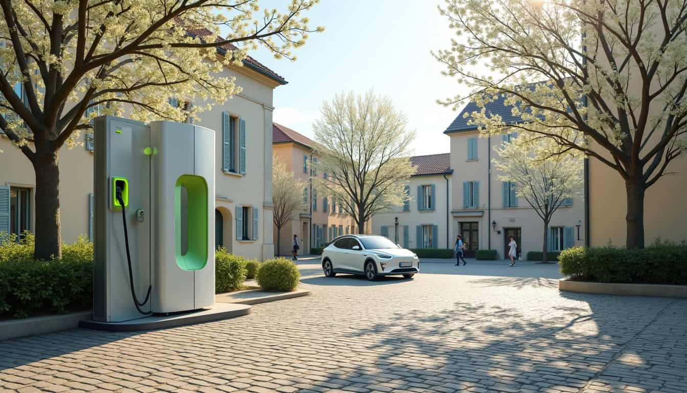 Borne de recharge électrique publique située sur la place centrale de Tremblay-les-Villages