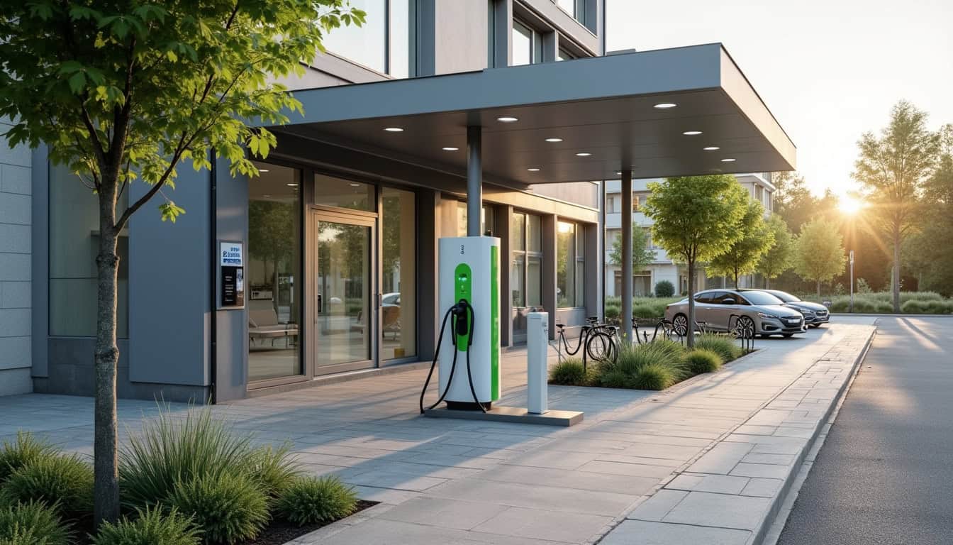 Borne de recharge électrique publique située sur le parking de la poste à Vred