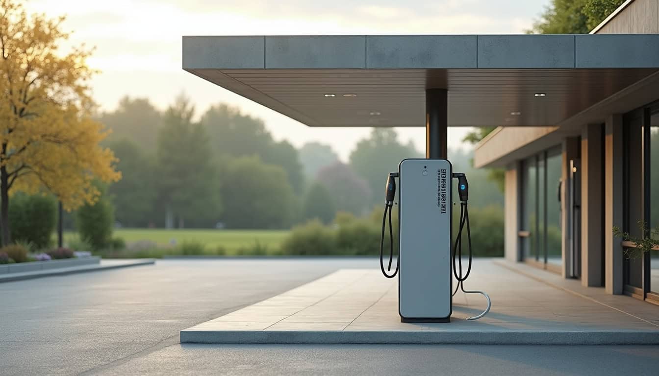 Borne de recharge électrique publique située sur le parking de la salle communale à Laignelet