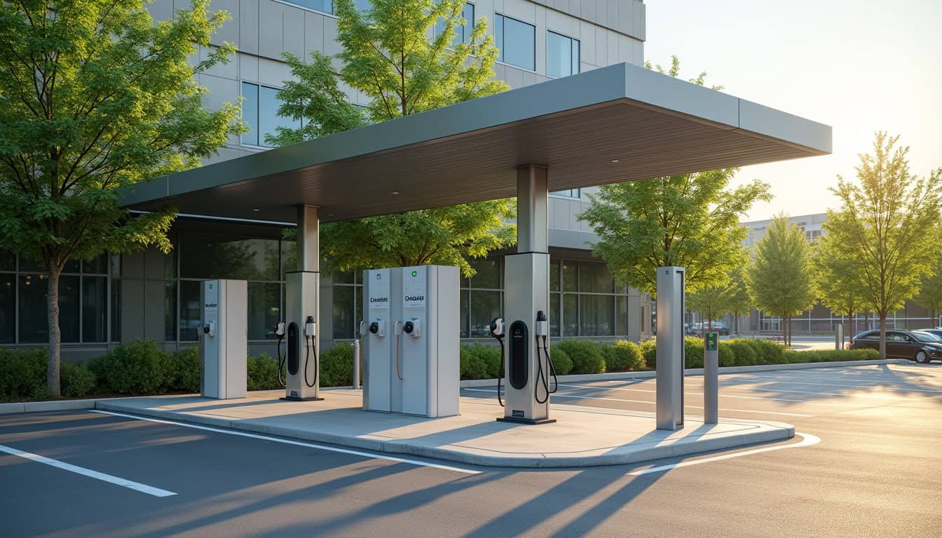 Borne de recharge électrique publique située sur le parking du complexe Joseph Clavier à Corsept