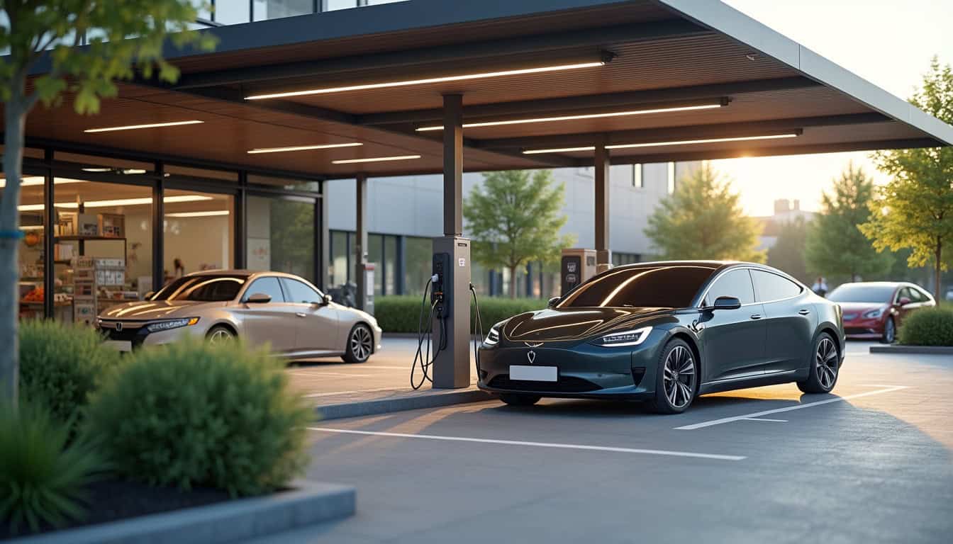 Borne de recharge électrique publique située sur un parking de supermarché