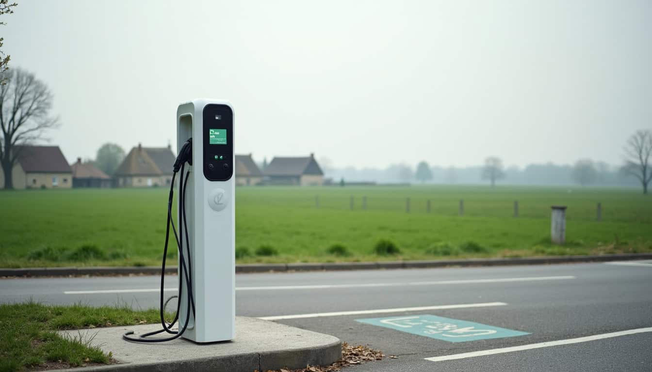 Borne de recharge électrique publique située sur un parking en bordure de route