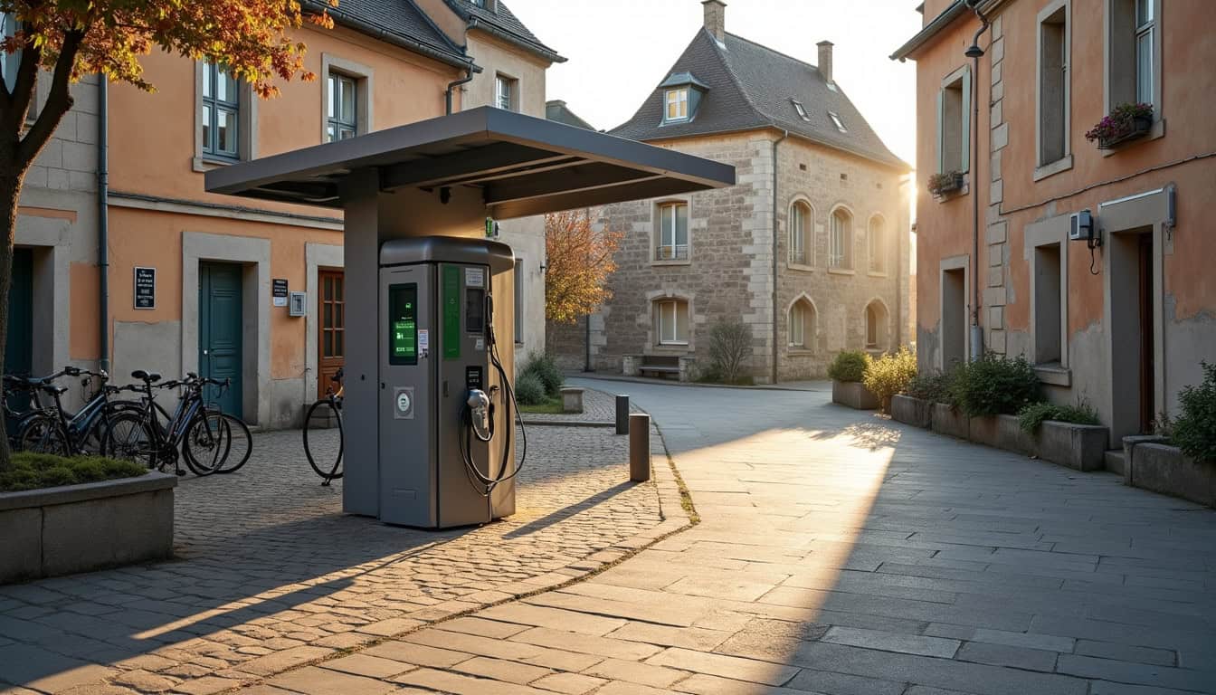 Borne de recharge électrique située Place de l'église à Belmont-de-la-Loire
