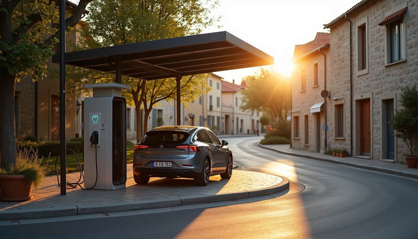 Borne de recharge électrique située Place du Foirail à Mirandol-Bourgnounac