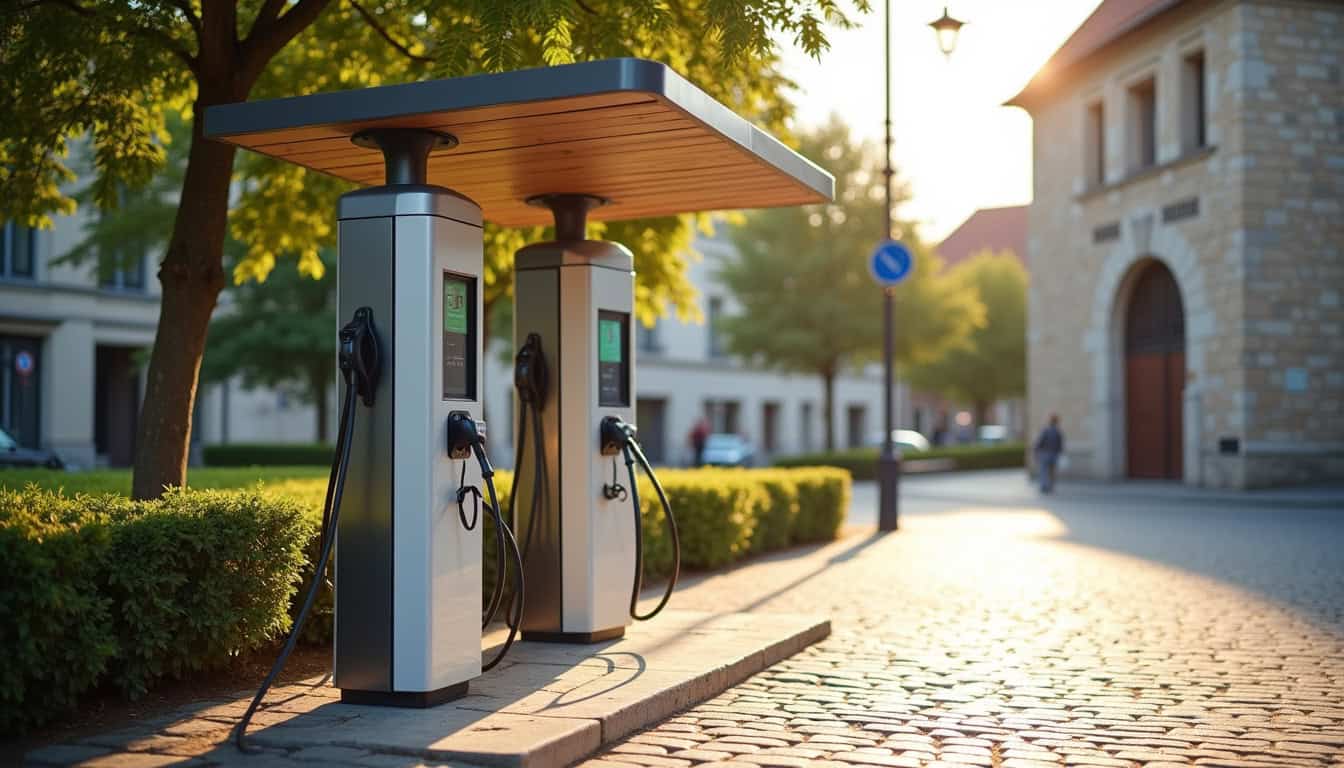 Borne de recharge électrique située place du Souvenir, derrière la mairie de Buzet-sur-Tarn