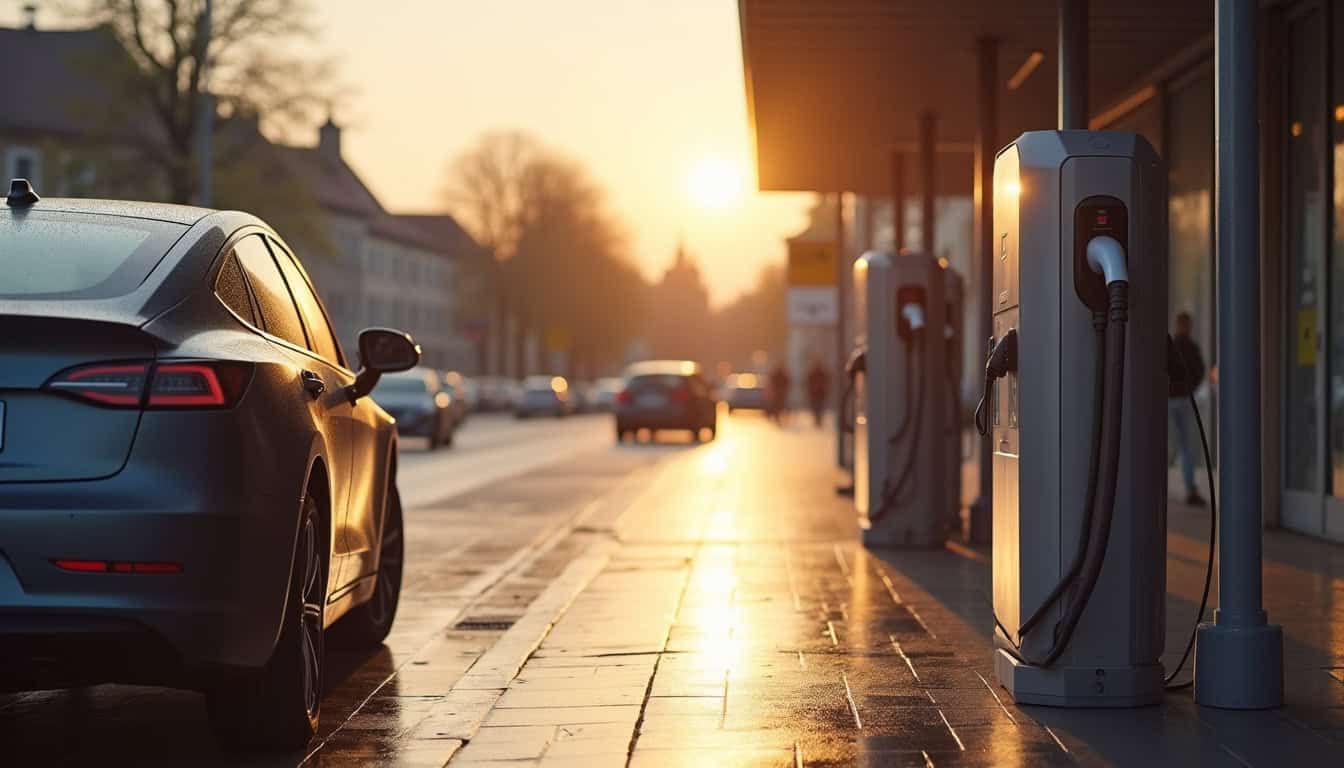Borne de recharge électrique située sur la place de la gare à Quesnoy-sur-Deûle