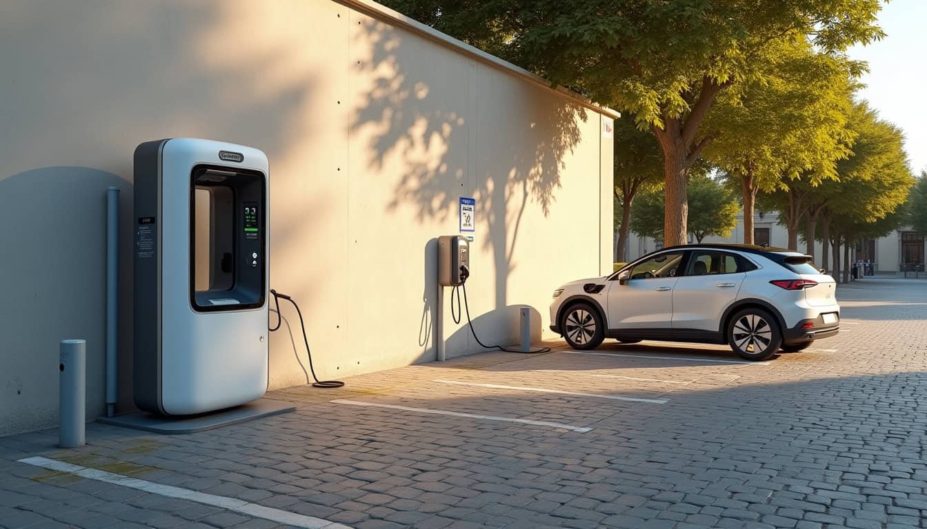 Borne de recharge électrique située sur la place Gambetta à Donzy