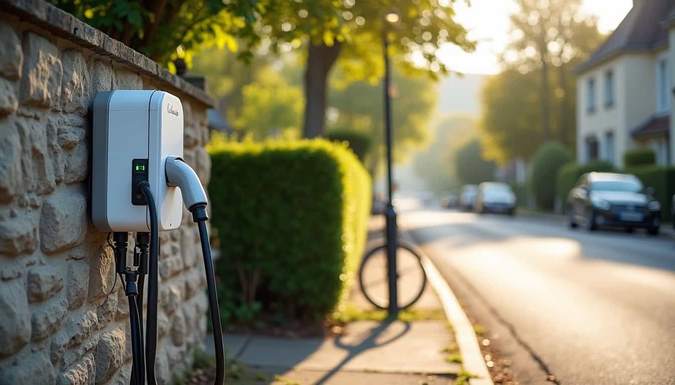 Borne de recharge électrique située sur la Rue du Dorset à Maltot, Calvados