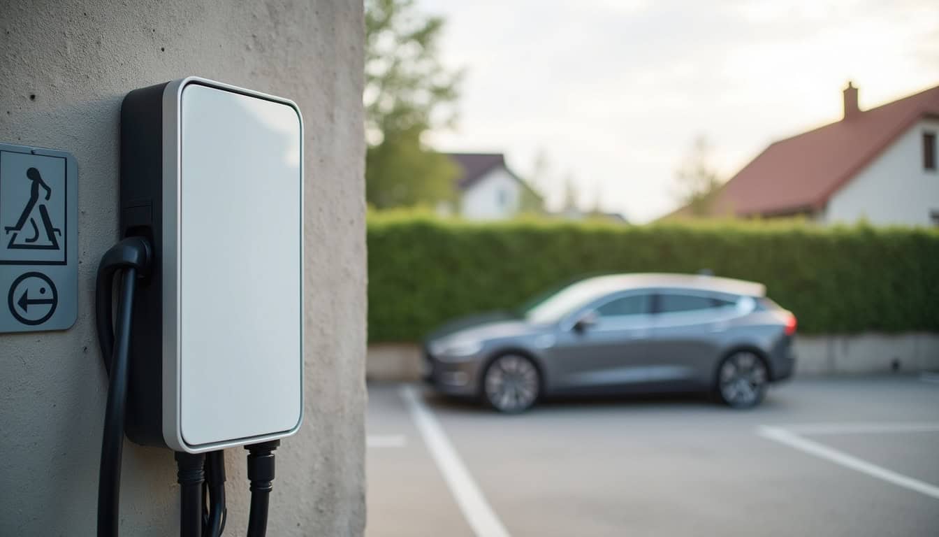 Borne de recharge électrique située sur le parking de la mairie de Farges-en-Septaine, rue des Epinettes