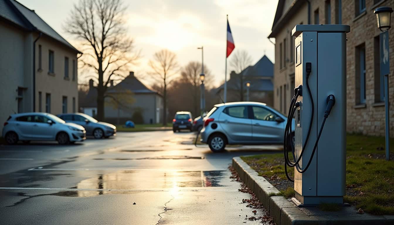 Borne de recharge électrique située sur le parking de la mairie de Tillières-sur-Avre
