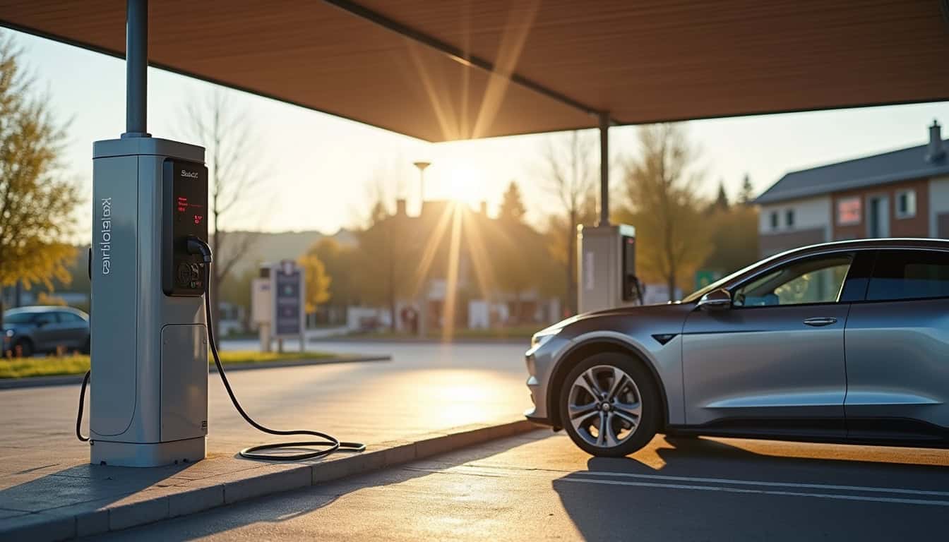 Borne de recharge électrique située sur le parking du Super U à Corbelin, en Isère