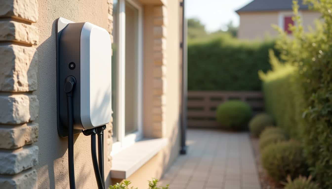 Borne de recharge électrique standard installée à l'extérieur d'une maison à Guémené-Penfao