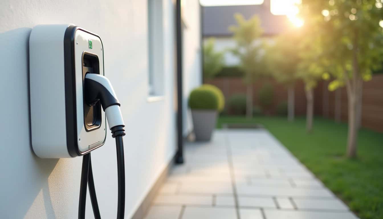 Borne de recharge électrique Type 2 fixée sur un mur extérieur, câble enroulé et connecteur visible