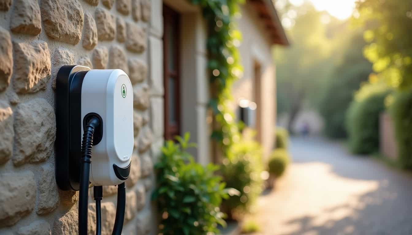 Borne de recharge électrique Type 2 installée sur un mur extérieur à Labry