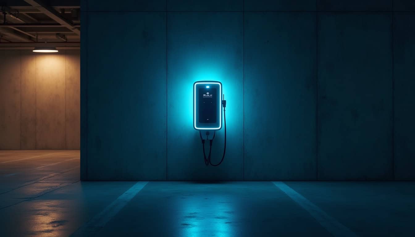 Borne de recharge en fonctionnement la nuit dans un garage à Carpiquet, éclairage LED activé