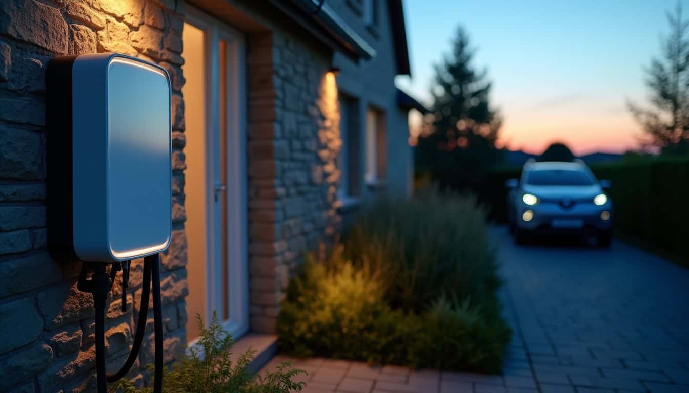 Borne de recharge en fonctionnement le soir dans un jardin à Ennetières-en-Weppes