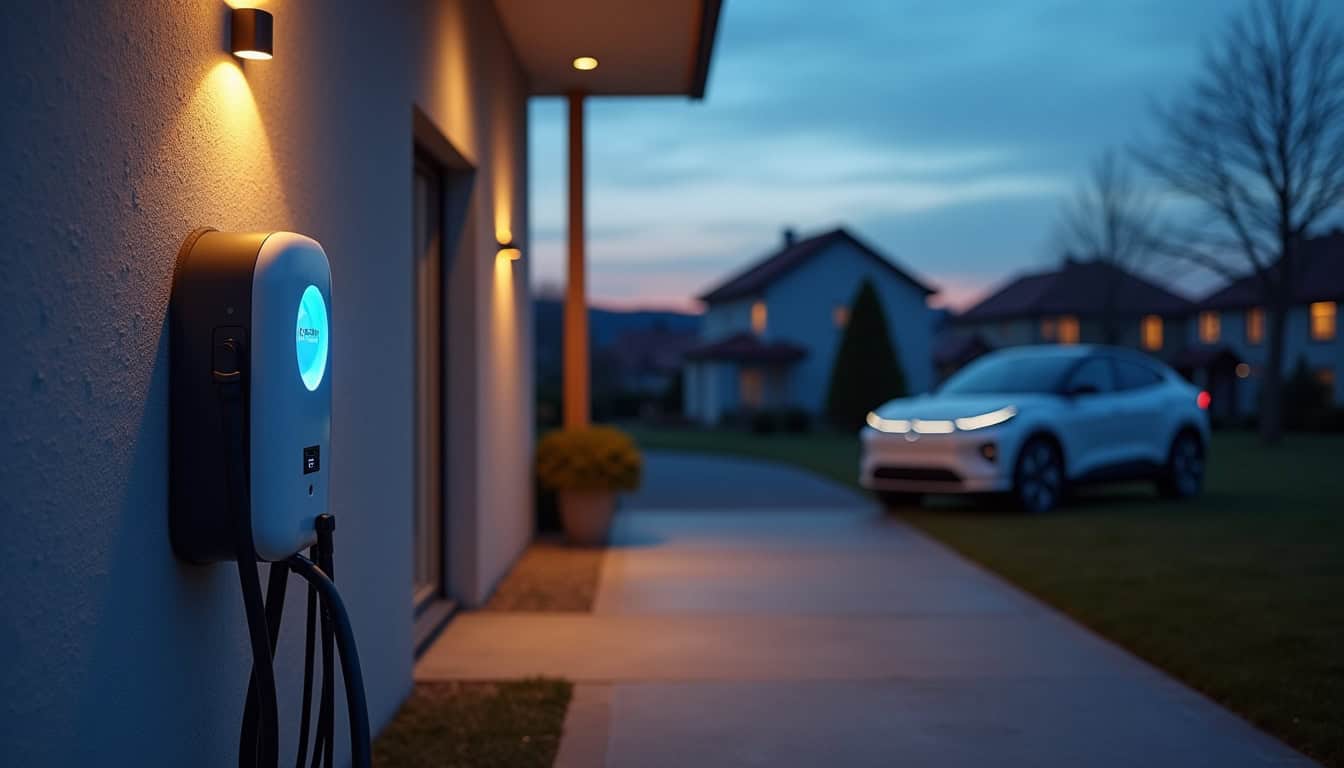 Borne de recharge installée à l'extérieur d'une maison à Rezé, en soirée