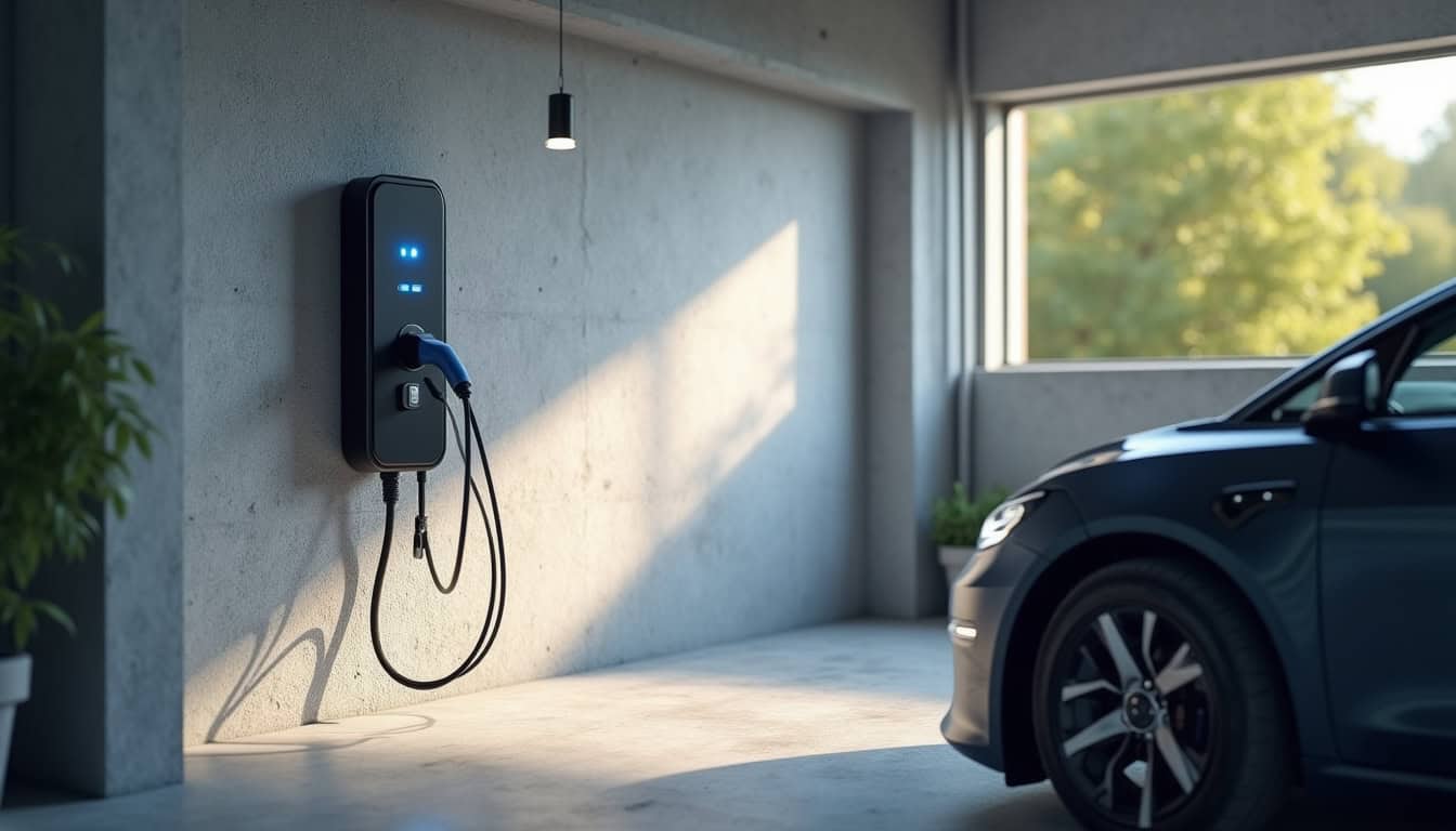 Borne de recharge installée dans un garage à Gouesnou, connectée à un véhicule électrique