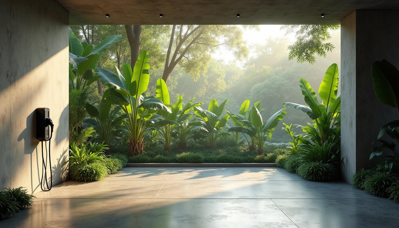 Borne de recharge installée dans un garage avec vue sur la végétation tropicale