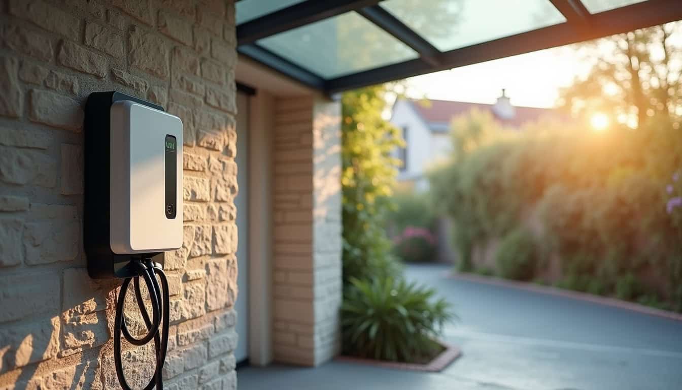 Borne de recharge installée dans un garage individuel à Le Rheu, en extérieur protégé