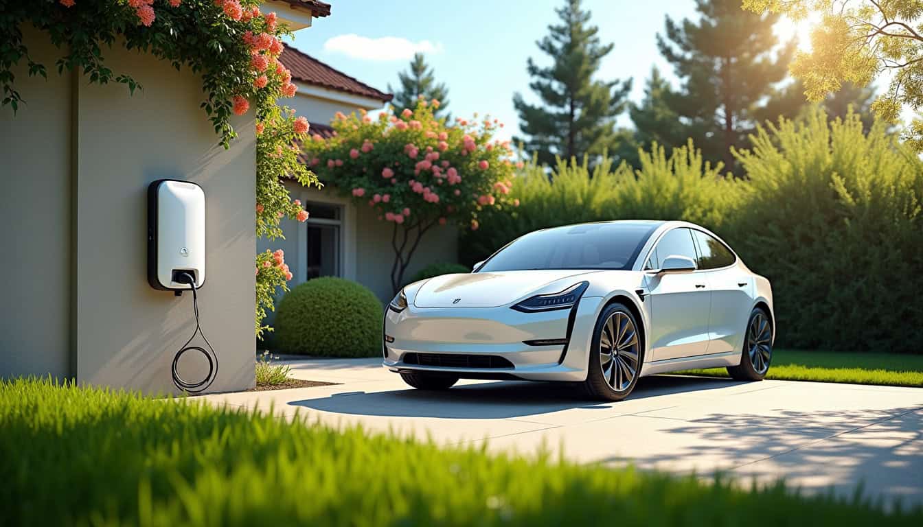 Borne de recharge installée dans un jardin à Clavette, vue de jour avec voiture électrique branchée