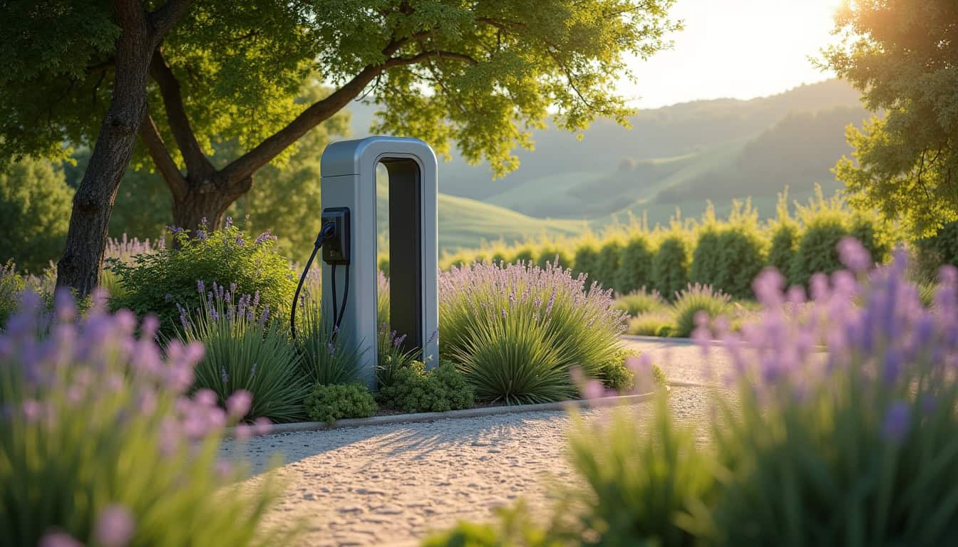Borne de recharge installée dans un jardin à Quincié-en-beaujolais