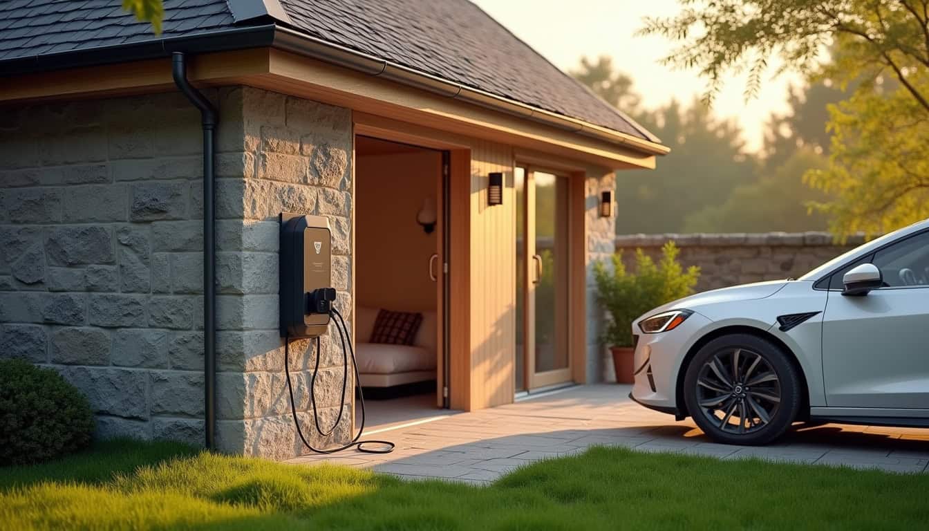 Borne de recharge installée dans un jardin à Tartas, en extérieur, près d