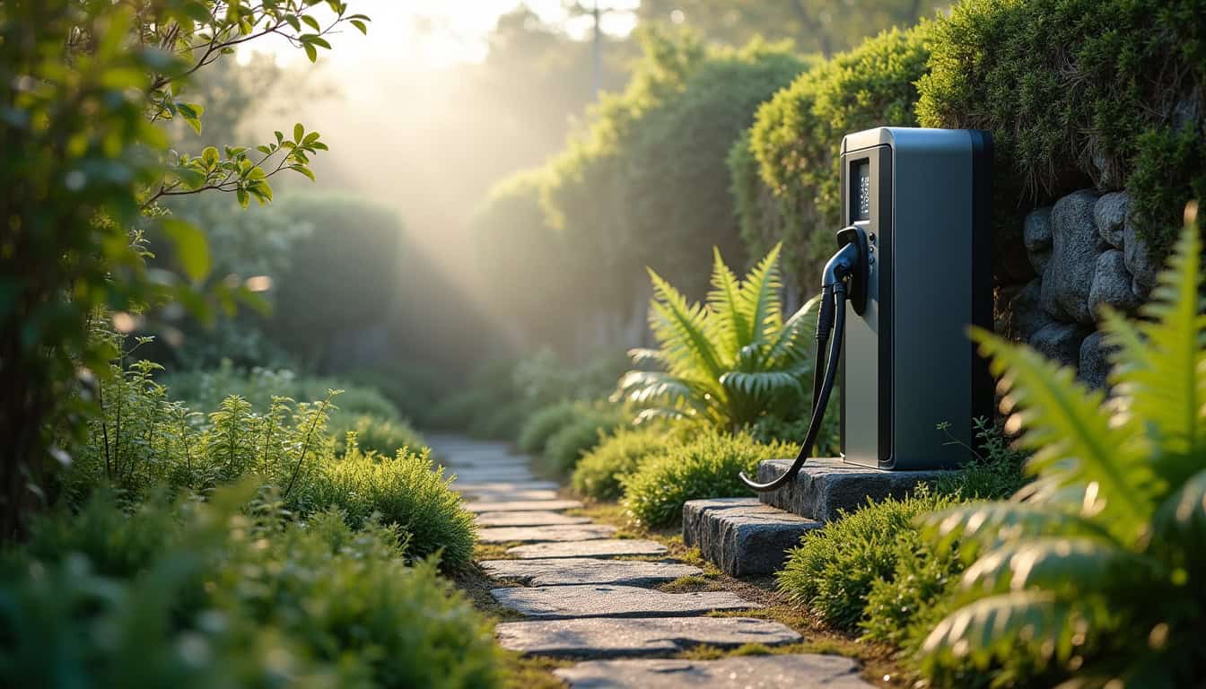 Borne de recharge installée dans un jardin de maison à La Boussac, entourée de végétation bretonne
