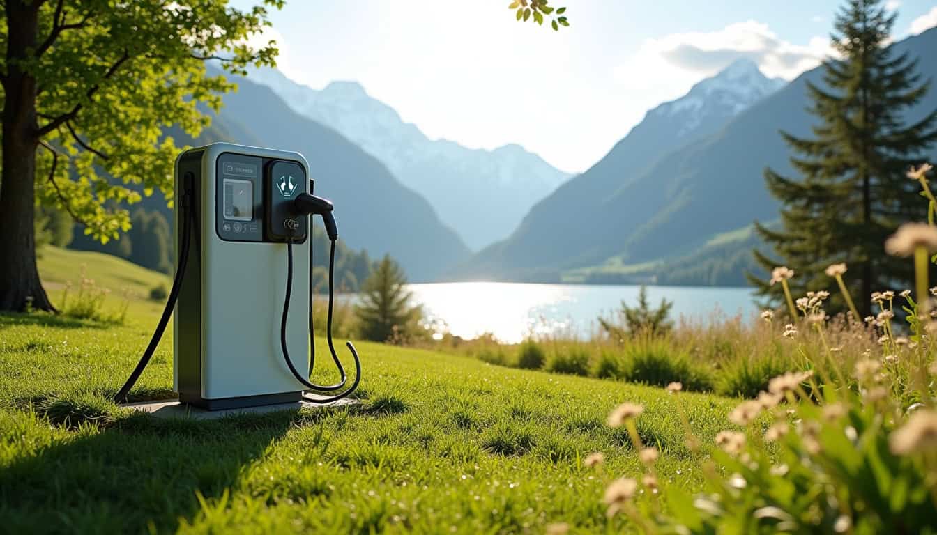 Borne de recharge installée dans un jardin en milieu montagnard près du lac d