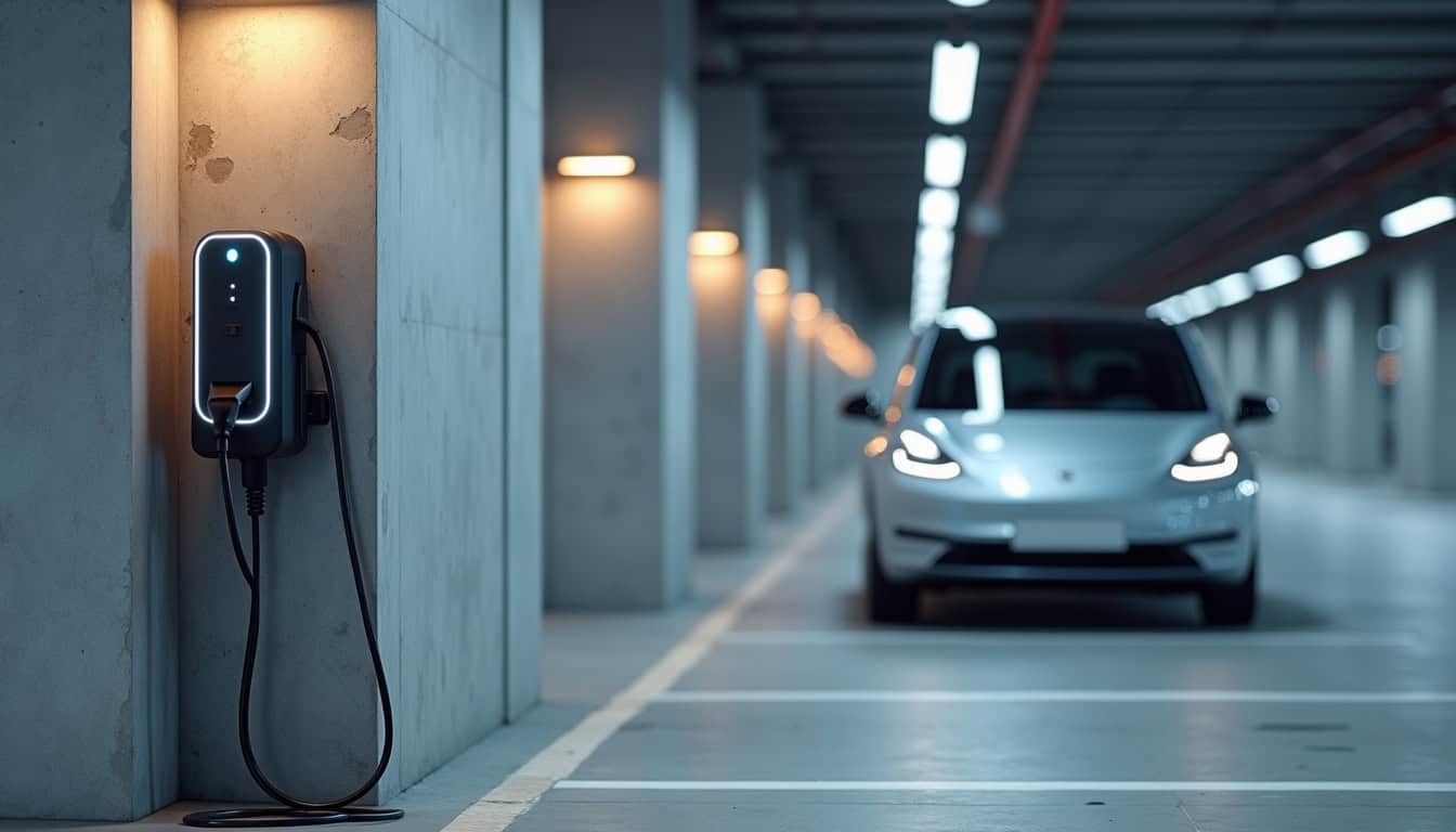 Borne de recharge installée dans un parking collectif à Choisy-le-Roi