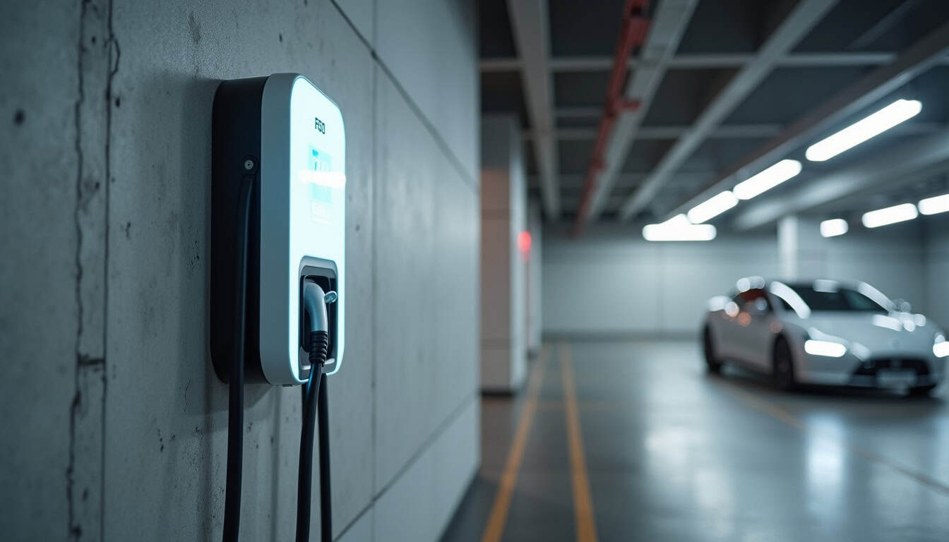 Borne de recharge installée dans un parking d