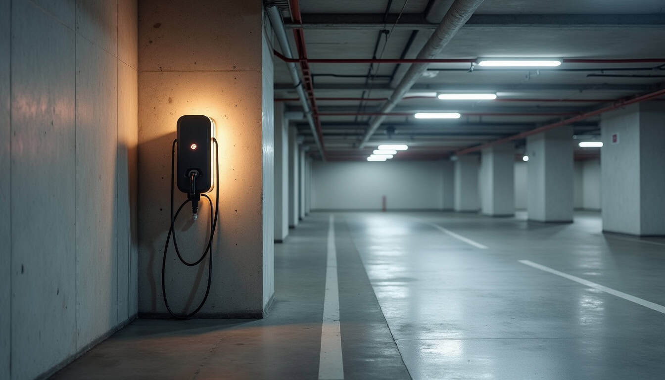 Borne de recharge installée dans un parking d