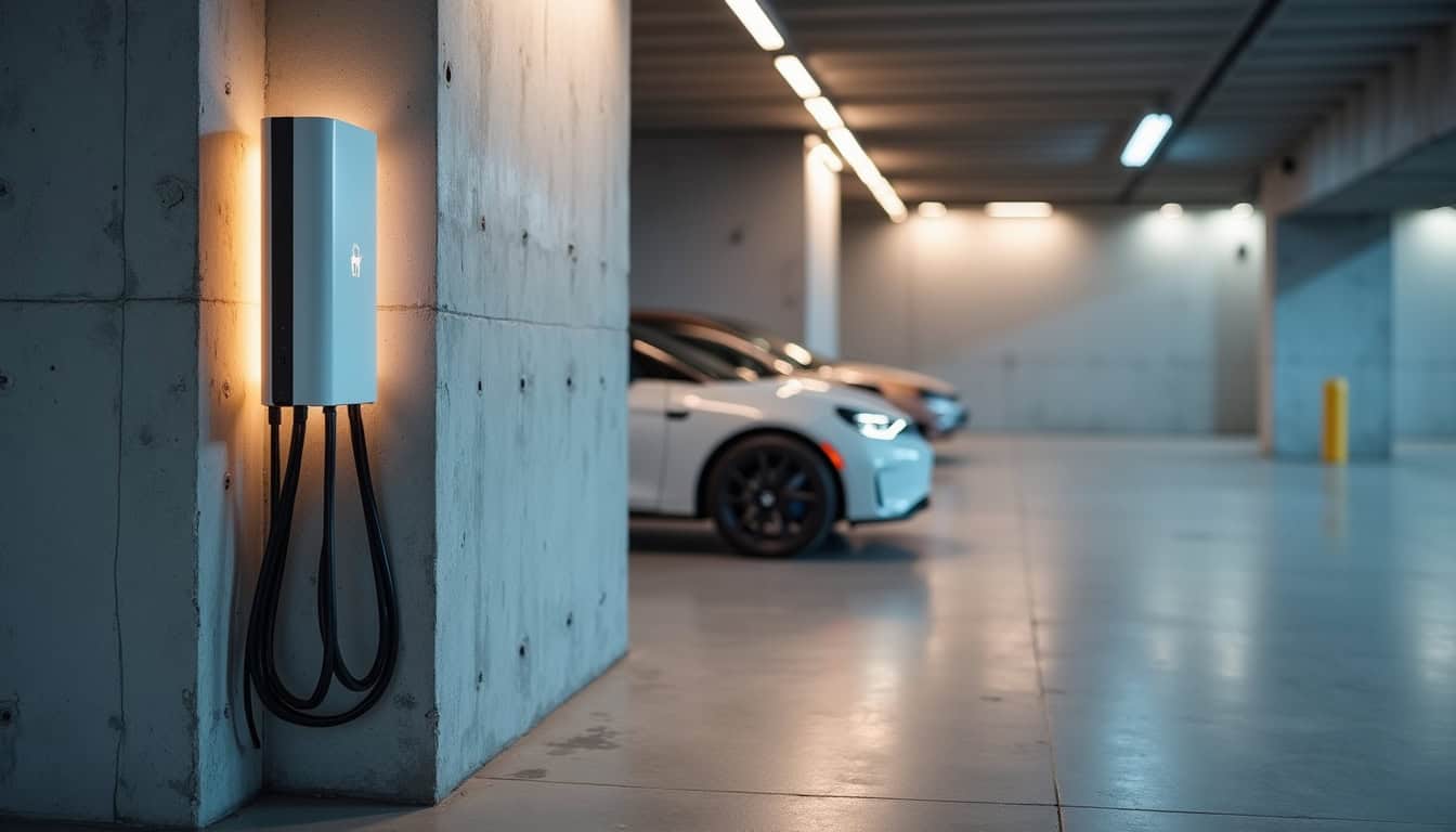 Borne de recharge installée dans un parking d