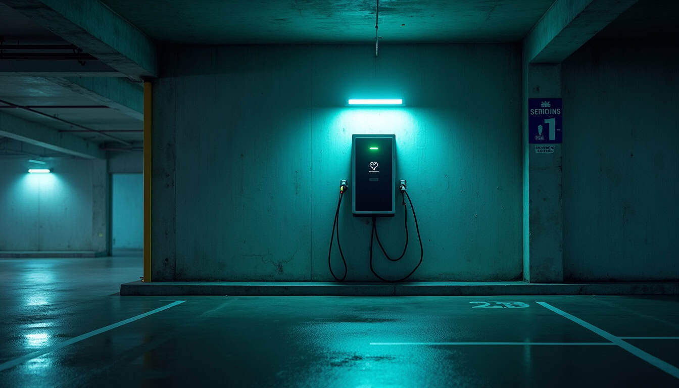 Borne de recharge installée dans un parking de copropriété à Arradon, vue intérieure de nuit