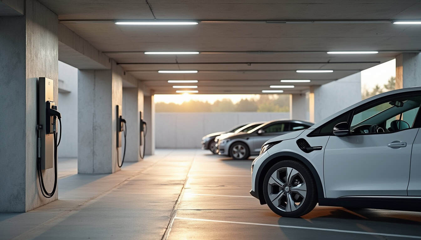 Borne de recharge installée dans un parking de copropriété à Auxonne, avec plusieurs véhicules électriques stationnés à proximité