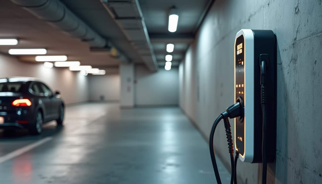 Borne de recharge installée dans un parking de copropriété à Beauval