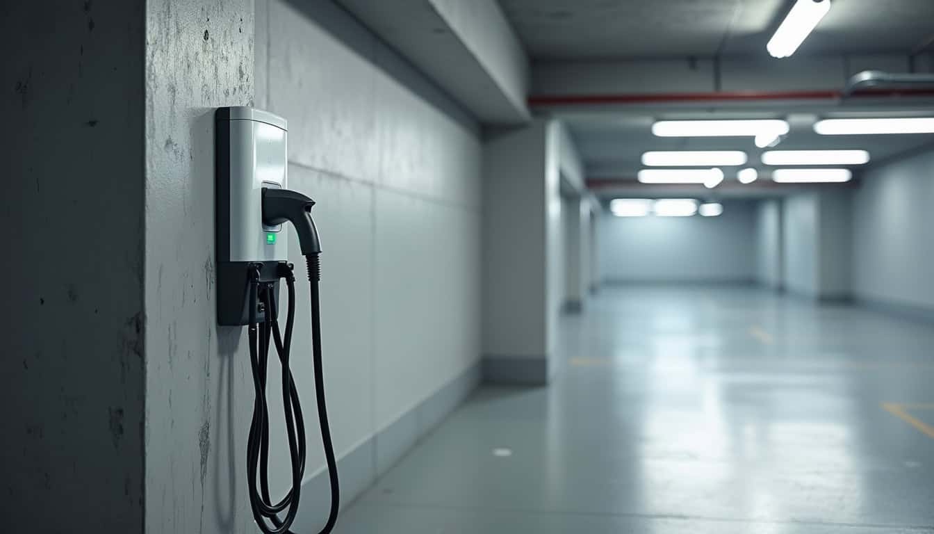 Borne de recharge installée dans un parking de copropriété à Bon-Encontre