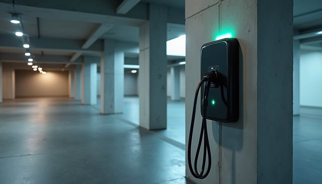Borne de recharge installée dans un parking de copropriété à Bournezeau