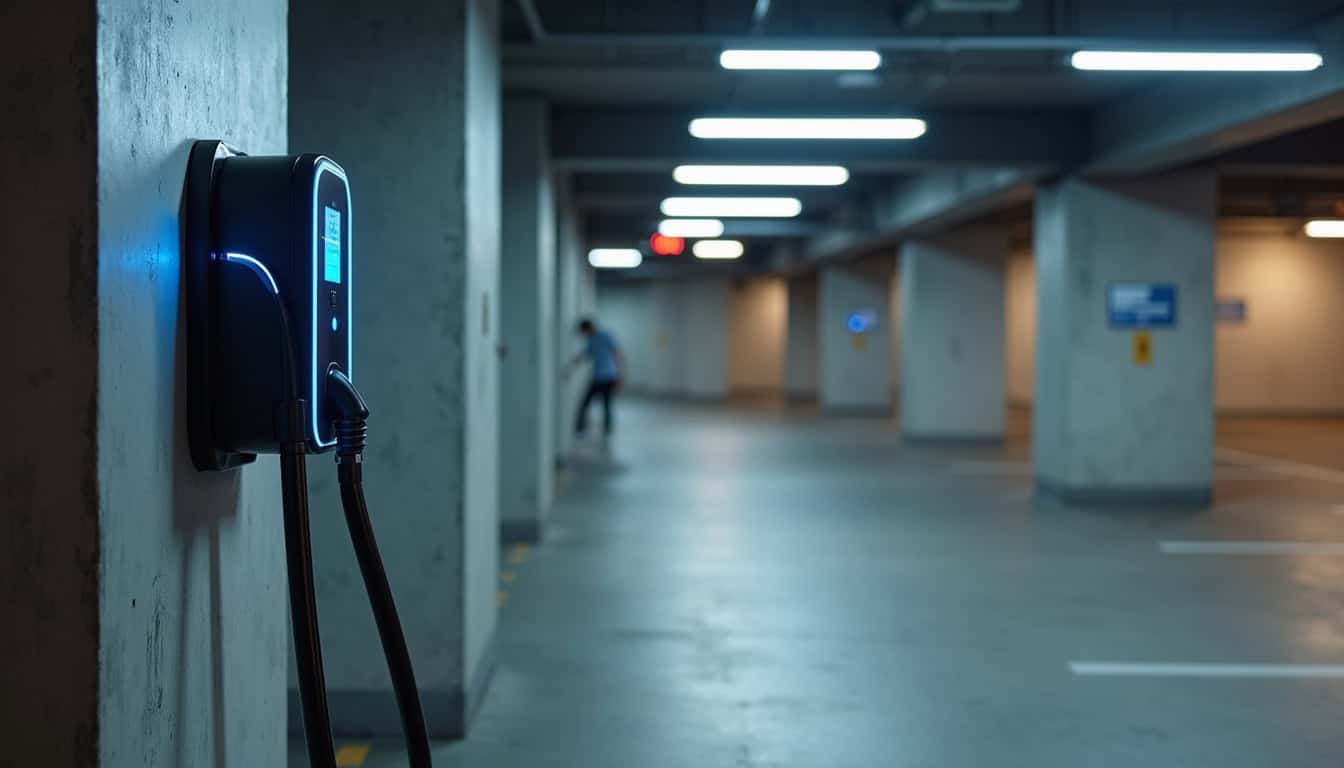 Borne de recharge installée dans un parking de copropriété à Bourron-Marlotte