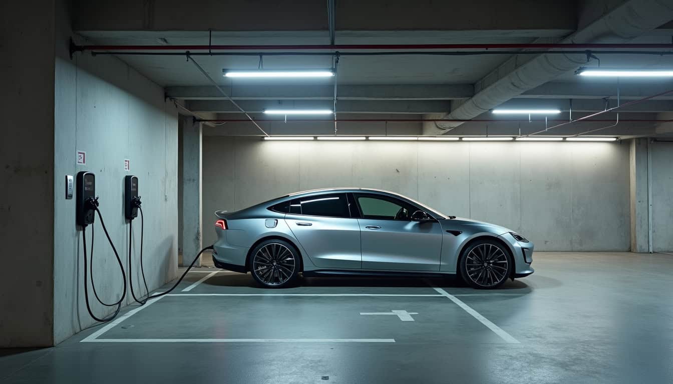 Borne de recharge installée dans un parking de copropriété à Colomiers