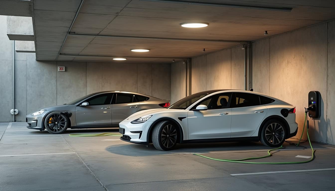 Borne de recharge installée dans un parking de copropriété à Fargues, avec plusieurs véhicules électriques à proximité