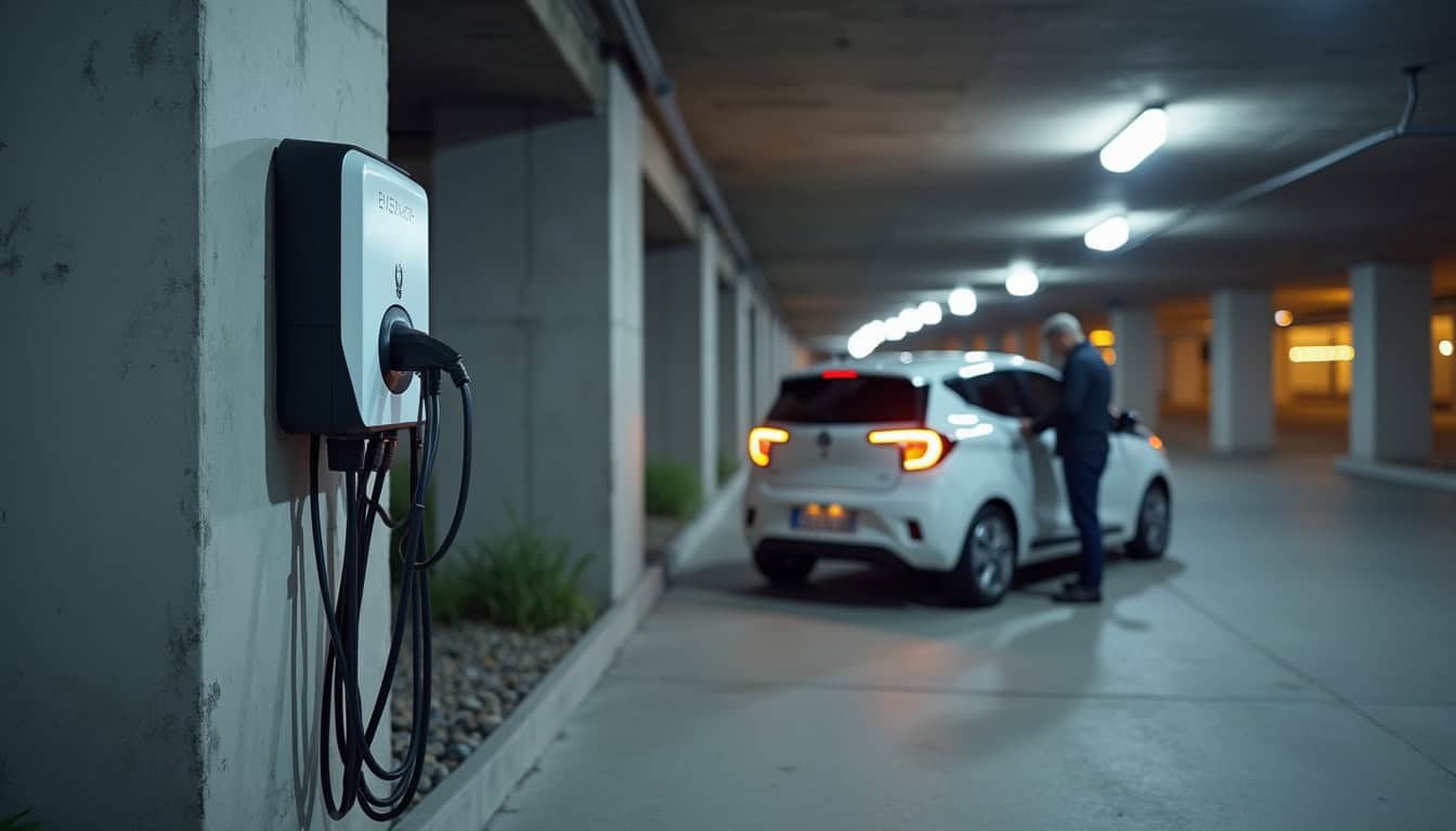 Borne de recharge installée dans un parking de copropriété à Fayl-Billot