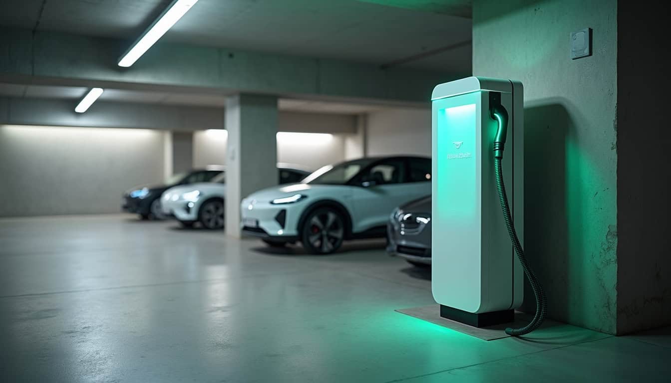 Borne de recharge installée dans un parking de copropriété à Levet, avec plusieurs véhicules électriques garés à proximité