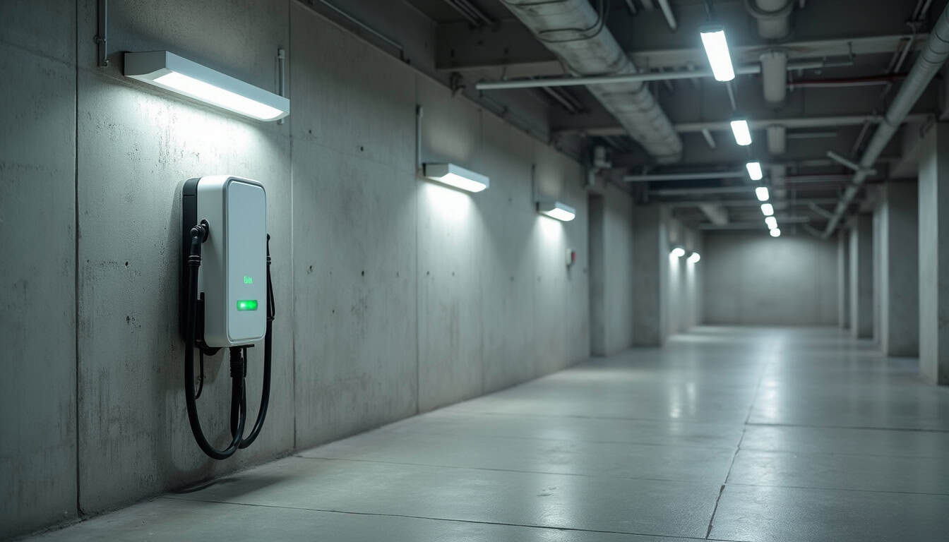 Borne de recharge installée dans un parking de copropriété à Quilly