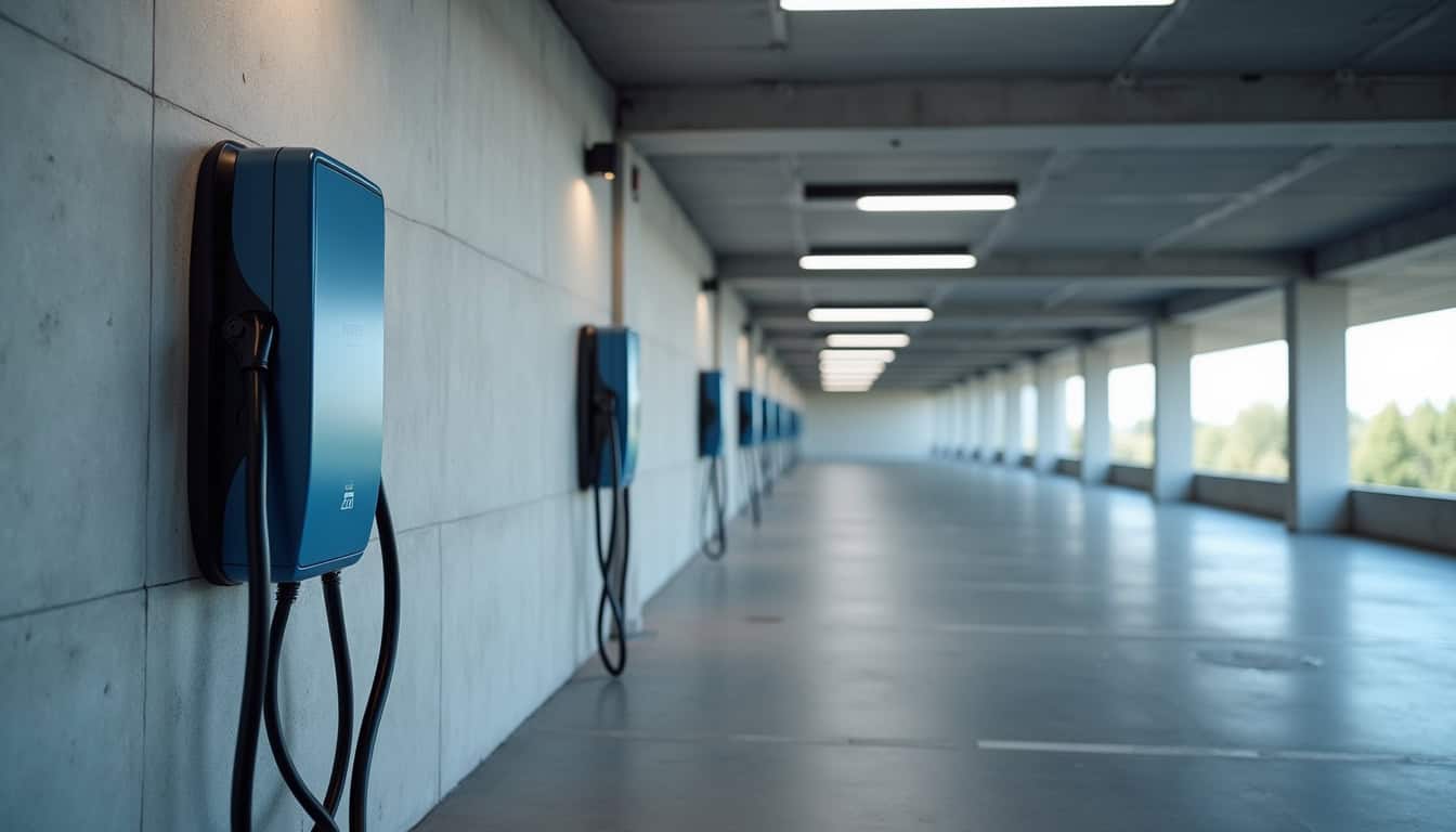 Borne de recharge installée dans un parking de copropriété à Saint-Maurice-de-Gourdans