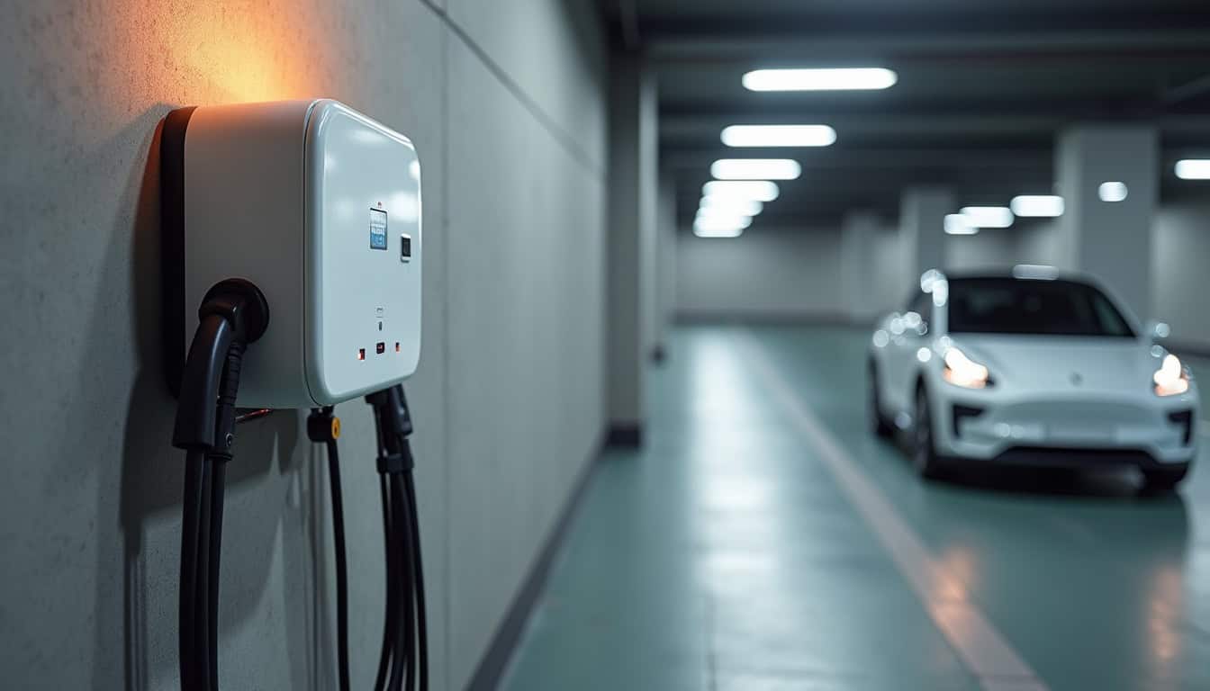 Borne de recharge installée dans un parking de copropriété à Saint-Quentin-de-Baron