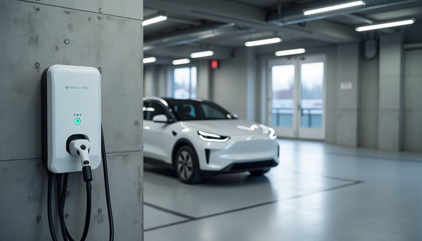 Borne de recharge installée dans un parking de copropriété à Savonnières