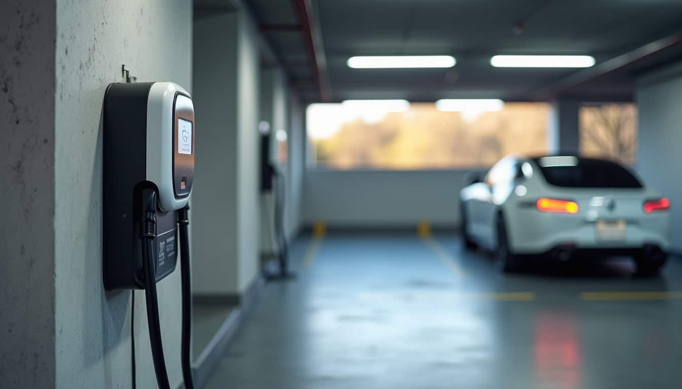 Borne de recharge installée dans un parking de copropriété à Villenave-d'Ornon