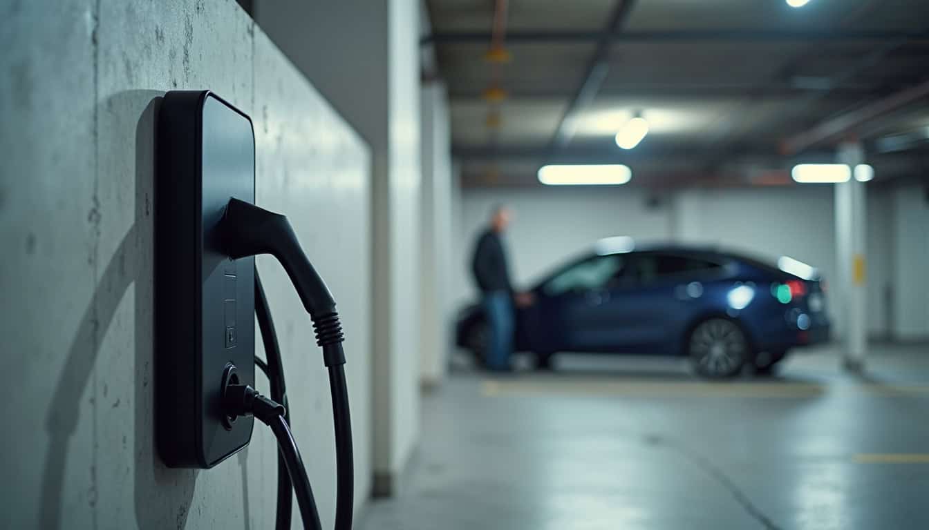 Borne de recharge installée dans un parking de copropriété