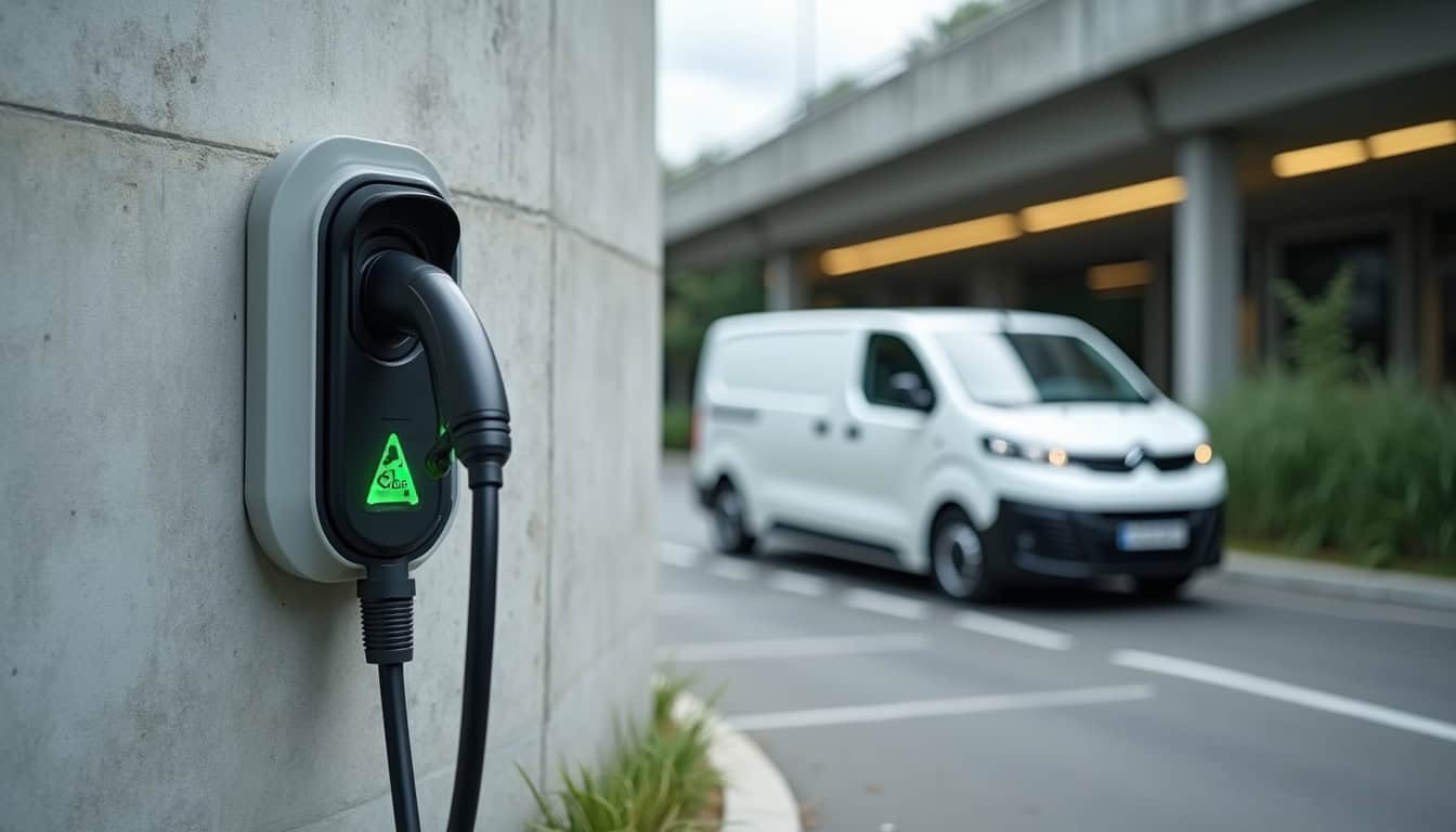 Borne de recharge installée dans un parking d'entreprise à Beaumont-lès-Valence